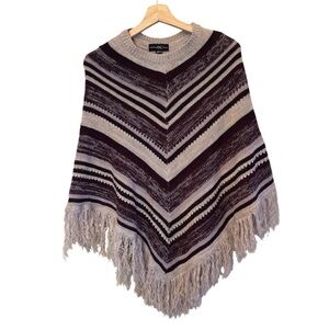 INC International Concepts Striped Fringe Poncho Sweater - Taupe & Plum